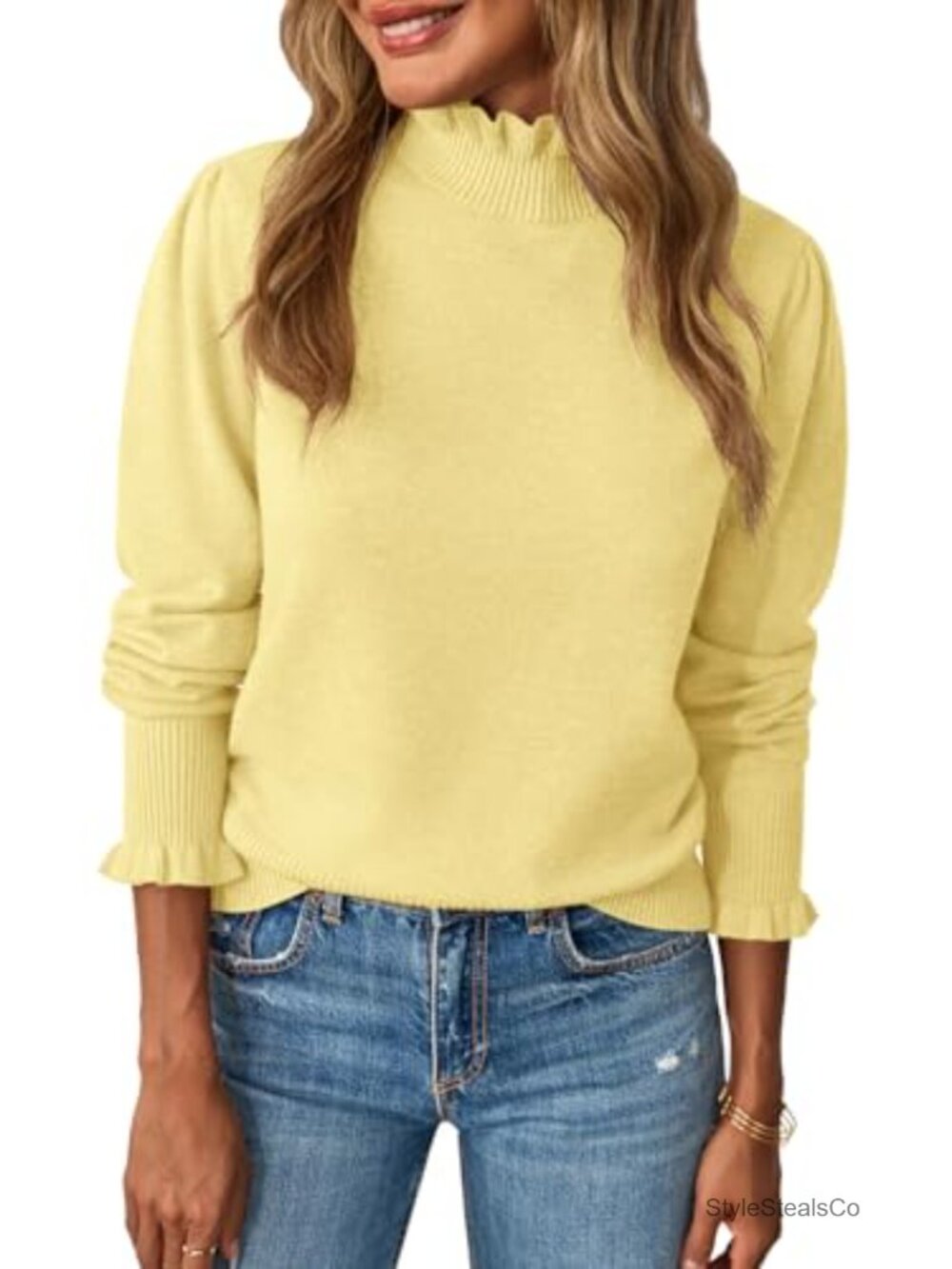 Womens Ruffle Mock Neck Puff Sleeve Knit Sweater Pullover